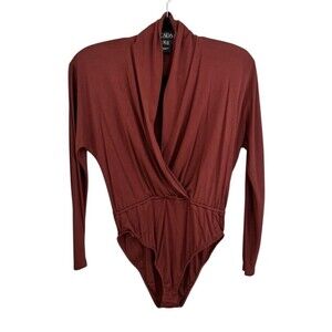 Escada Maroon V Gathered Neck Silk Long Sleeve Body Suit Blouse Size 36